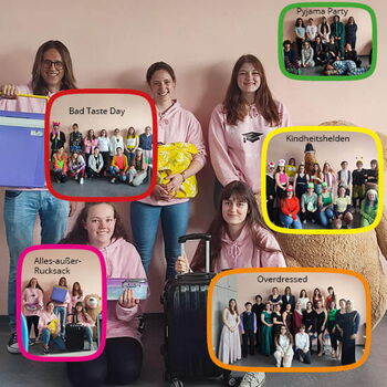 Schüler in kreativen Outfits feiern die Mottowoche mit Themen wie "Bad Taste Day" und "Kindheitshelden".