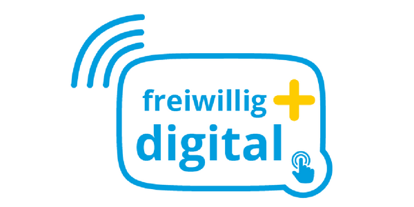 Das Logo zeigt den Text "freiwillig digital" in Blau mit einem gelben Pluszeichen und einem Fingerzeig-Symbol auf weißem Hintergrund.