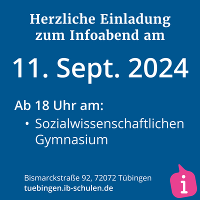 Einladungsplakat für einen Infoabend am 11. September 2024 im Sozialwissenschaftlichen Gymnasium in Tübingen.
