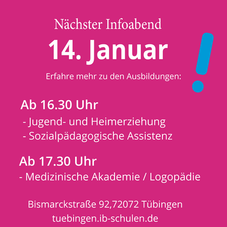 Einladung zum Infoabend am 14. Januar in Tübingen zu verschiedenen Ausbildungsprogrammen in Jugendhilfe und Logopädie.