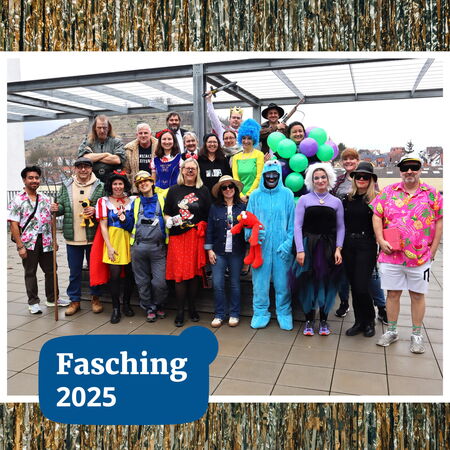 Eine Gruppe von Menschen in bunten Kostümen feiert fröhlich den Fasching 2025 auf einer Terrasse.