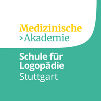 Das Logo zeigt die Aufschrift "Medizinische Akademie, Schule für Logopädie, Stuttgart" auf farbigem Hintergrund.
