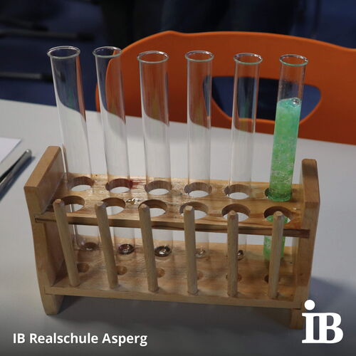 Ein Reagenzglasständer mit einem grünen, schäumenden Reagenzglas steht auf einem Tisch bei der offenen Tür der IB Realschule Asperg.