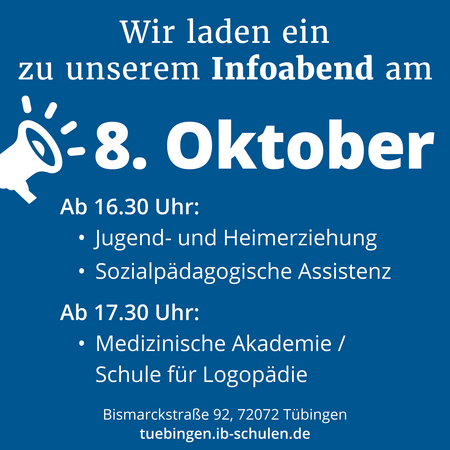 Einladung zu einem Infoabend am 8. Oktober über Jugend- und Heimerziehung sowie medizinische Ausbildung in Tübingen.
