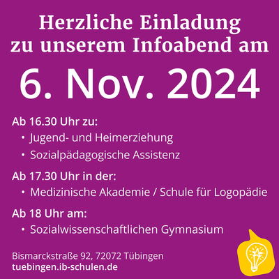 Einladung zu einem Infoabend am 6. November 2024 in Tübingen mit Programmpunkten ab 16:30 Uhr.