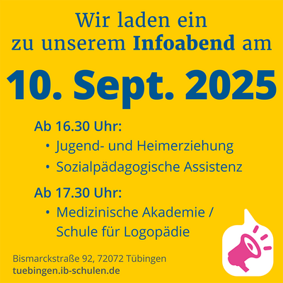 Einladungsplakat zum Infoabend am 10. September 2025 mit Programminformationen und Adresse in Tübingen.