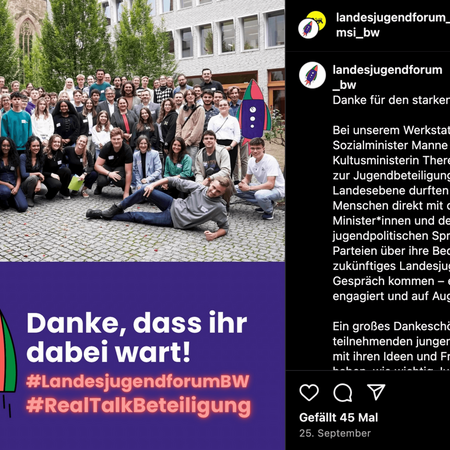 Eine große Gruppe junger Menschen posiert auf einem Pflasterplatz für ein Foto des Landesjugendforums.