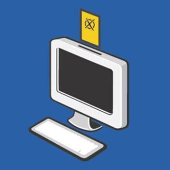 Ein Computer mit einem Wahlzettel oben symbolisiert die Juniorwahlen auf blauem Hintergrund.
