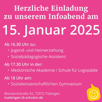 Einladung zum Infoabend am 15. Januar 2025 in Tübingen mit verschiedenen Bildungsthemen ab 16:30 Uhr.