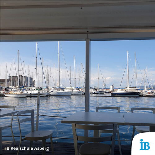 Blick von einem Café auf einen Hafen mit vielen Segelbooten unter klarem Himmel während der Abschlussfahrt der 10er.