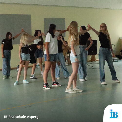 Eine Gruppe von Schülern der IB Realschule Asperg tanzt gemeinsam beim Schulfest in einem Raum.