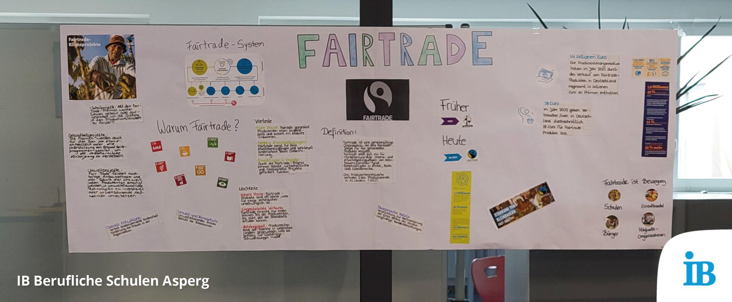 Ein Plakat in einer Schule erklärt das Fairtrade-System mit Texten, Diagrammen und Bildern.