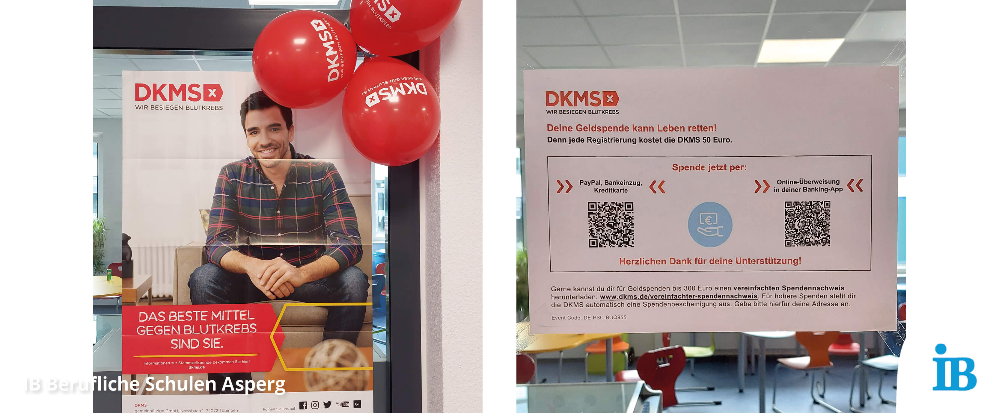 Ein DKMS-Plakat wirbt mit roten Luftballons für Blutkrebs-Spenden und bietet QR-Codes für einfache Online-Spendenmöglichkeiten.