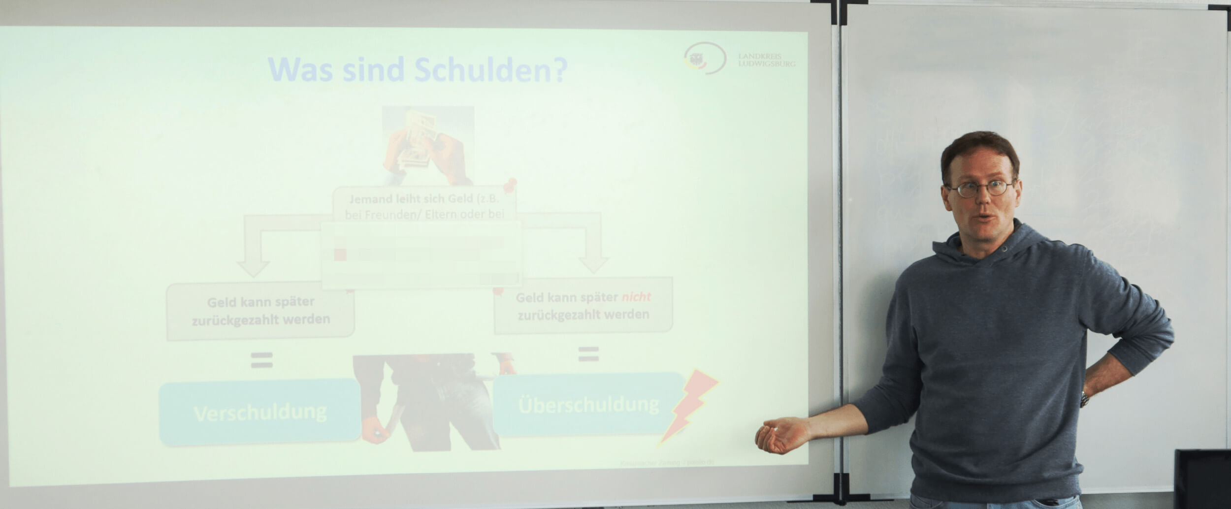 Was sind Schulen? Ein Mann präsentiert am Whiteboard eine Präsentation über das Thema Schulden