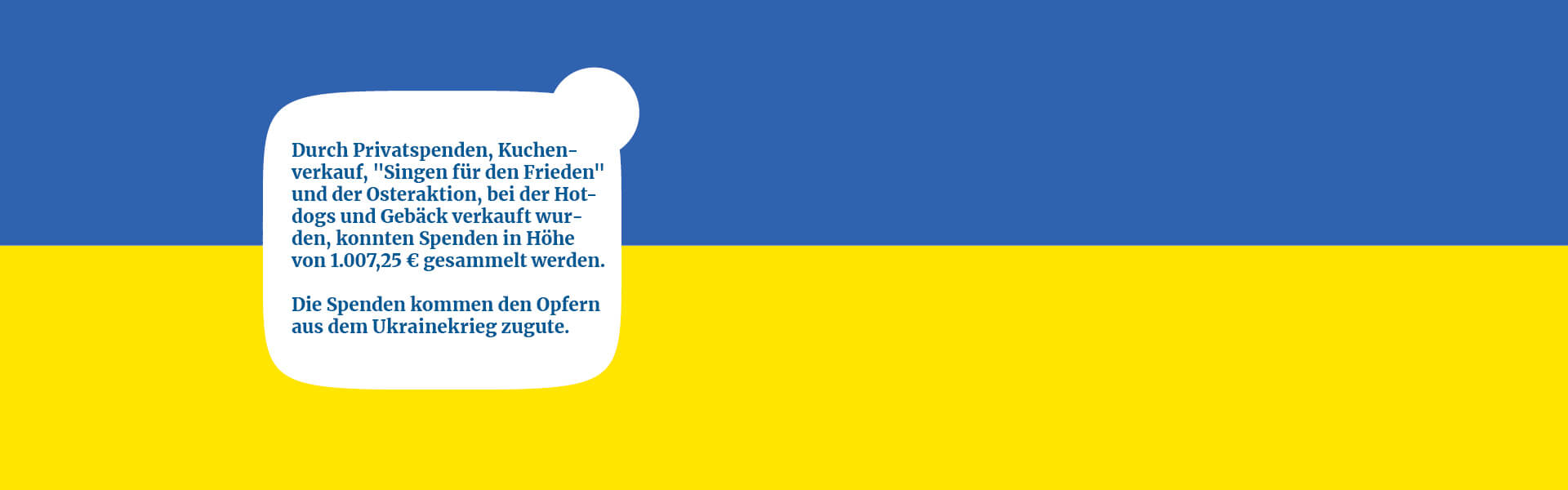 Ein Banner mit Text auf blau-gelbem Hintergrund informiert über gesammelte Spenden für Opfer des Ukrainekriegs.