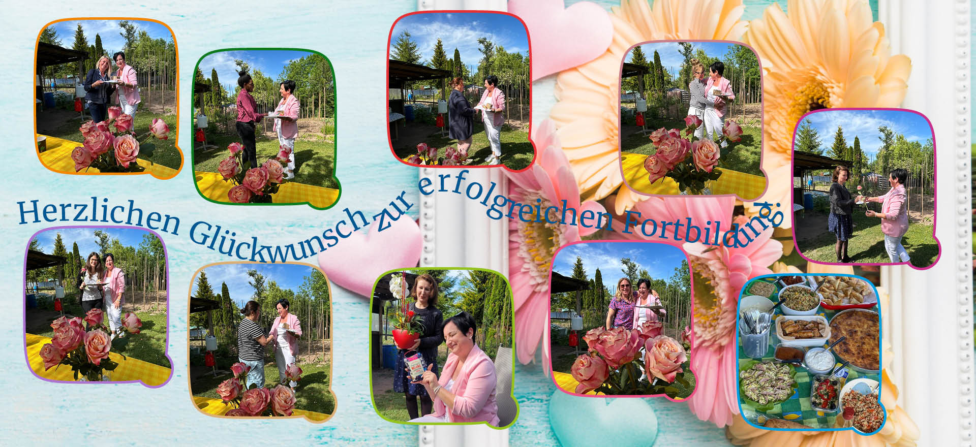 Eine Collage zeigt eine Feier im Freien mit Blumen und Essen, um den erfolgreichen Abschluss einer Fortbildung zu feiern.