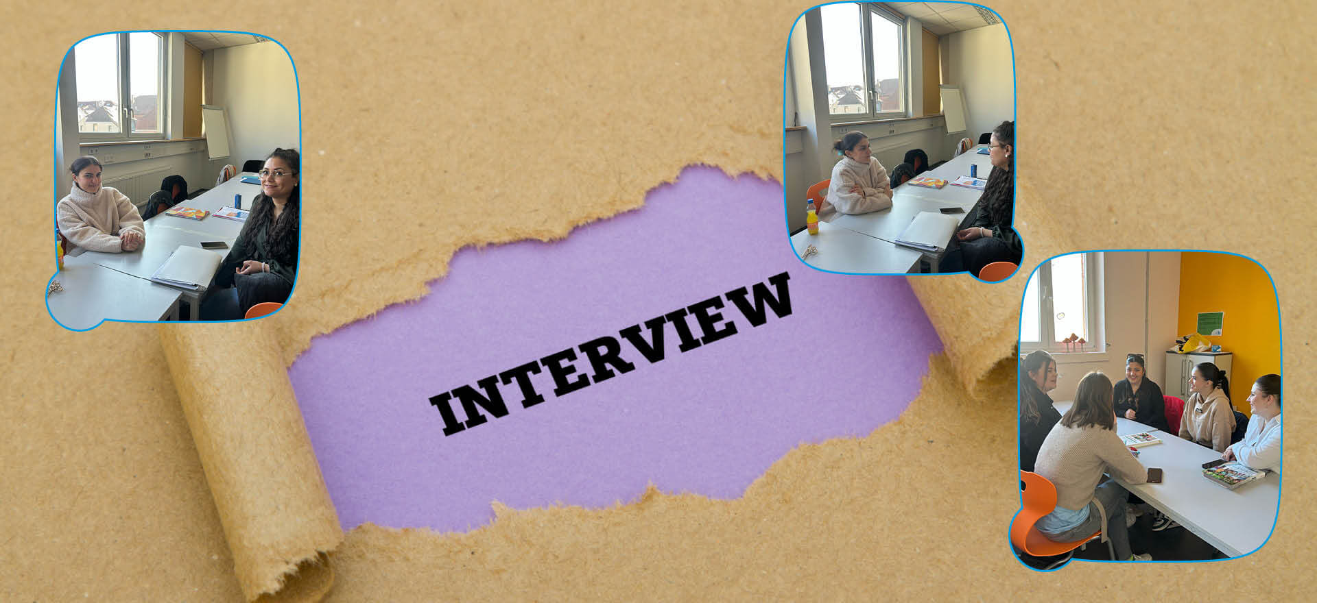 Personen sitzen in einem hellen Raum um einen Tisch und führen ein Interview durch, während im Hintergrund "INTERVIEW" steht.