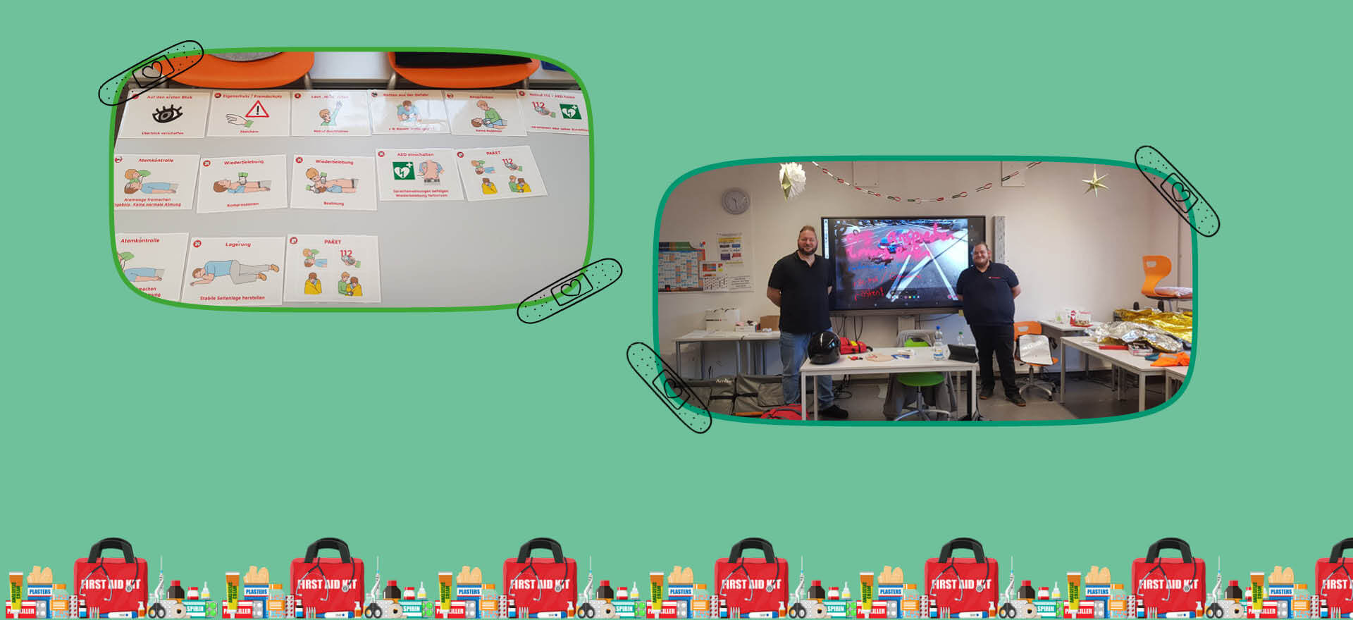 Ein Erste-Hilfe-Kurs zeigt Diagramme und zwei Ausbilder vor einem Bildschirm in einem Schulungsraum.