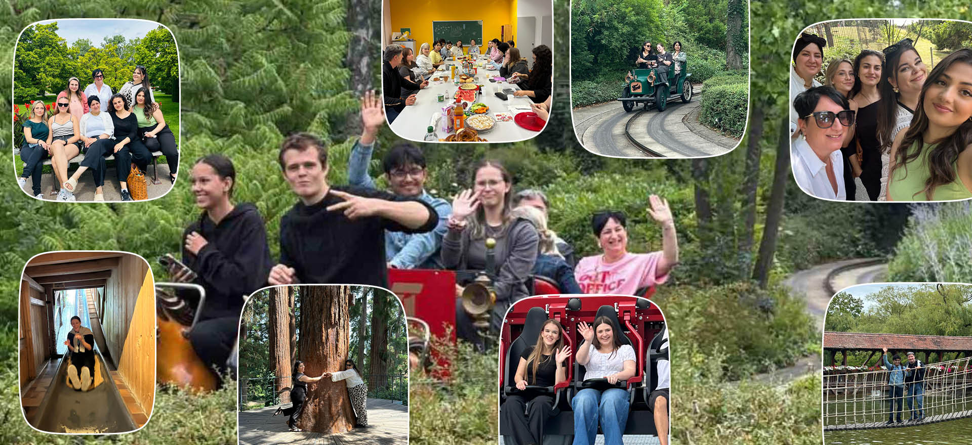 Eine Collage zeigt Menschen bei einem Frühstück, auf einer Achterbahn und bei Ausflügen im Grünen in Tripsdrill und Wilhelma.
