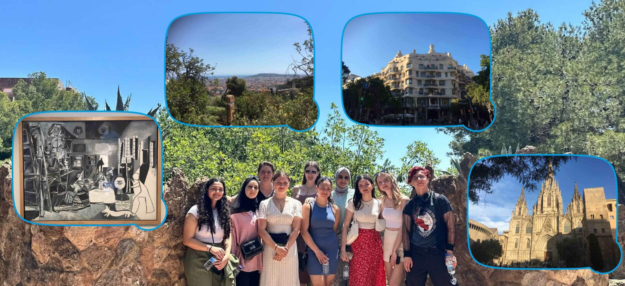 Eine Gruppe von Menschen posiert vor Barcelonas Sehenswürdigkeiten, darunter eine Kathedrale und ein historisches Gebäude.