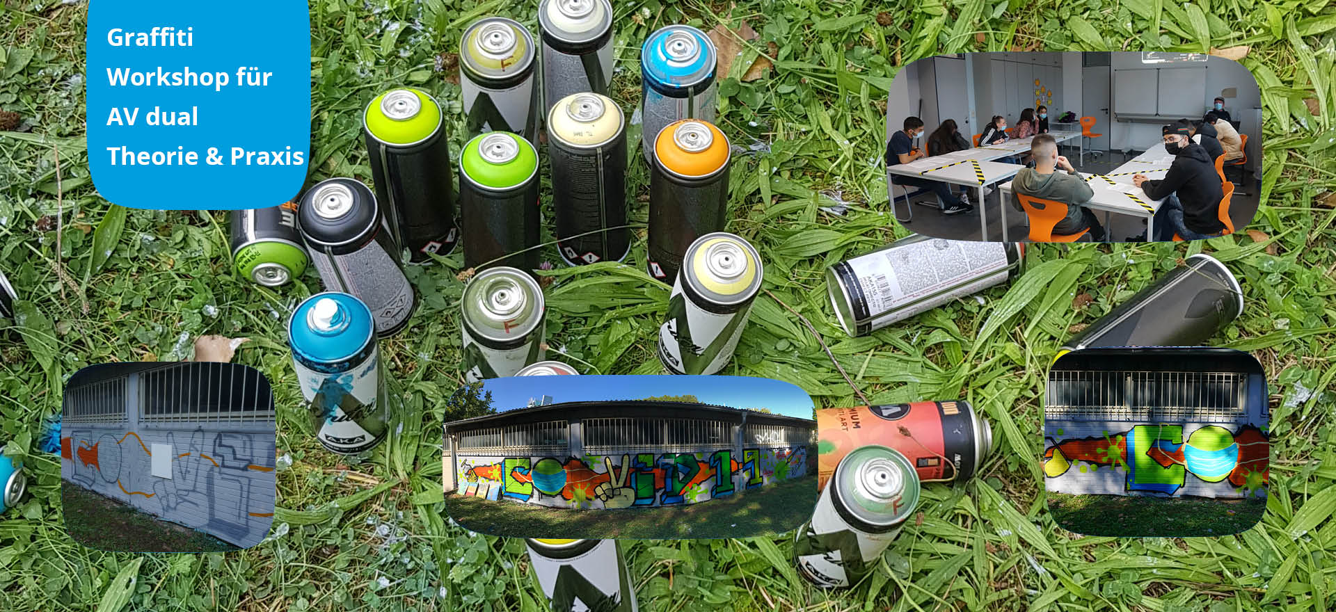 Sprühdosen und Graffiti-Kunstwerke sind auf einer Wiese zu sehen, während ein Workshop mit Teilnehmern im Raum stattfindet.