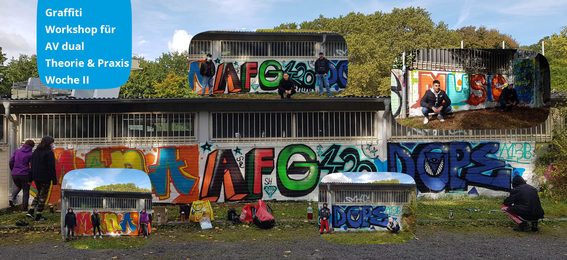 Menschen gestalten bunte Graffiti auf einer Wand während eines Workshops im Freien unter blauem Himmel.