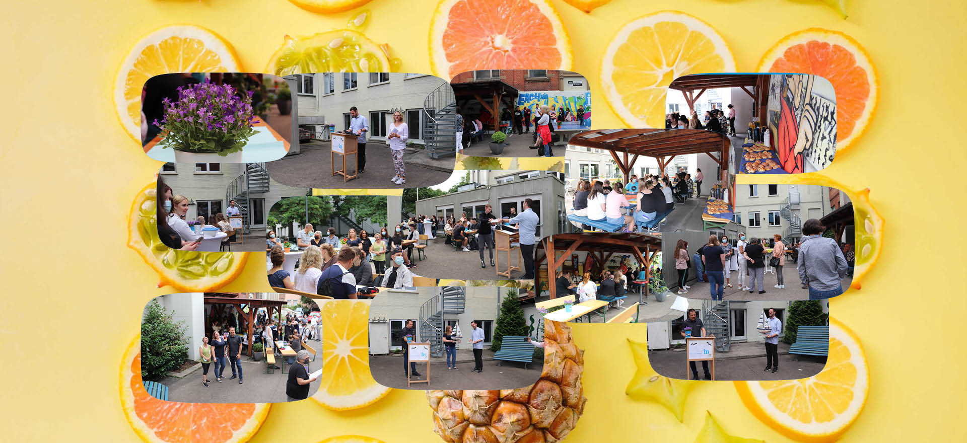 Collage von Fotos zeigt fröhliche Feierlichkeiten am letzten Schultag im Freien, umgeben von sommerlichen Fruchtmotiven.