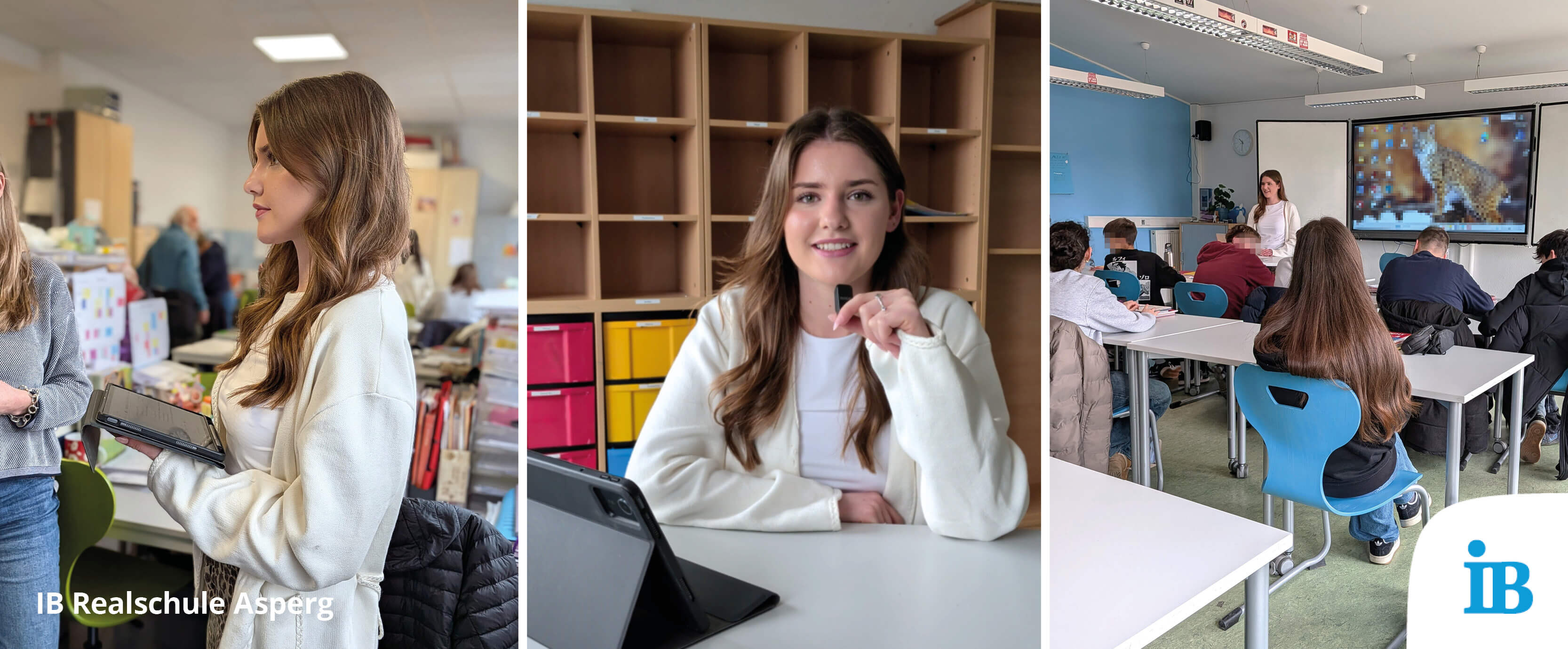 Eine Praktikantin steht in einem Klassenzimmer der IB Realschule Asperg und interagiert mit den Schülern.