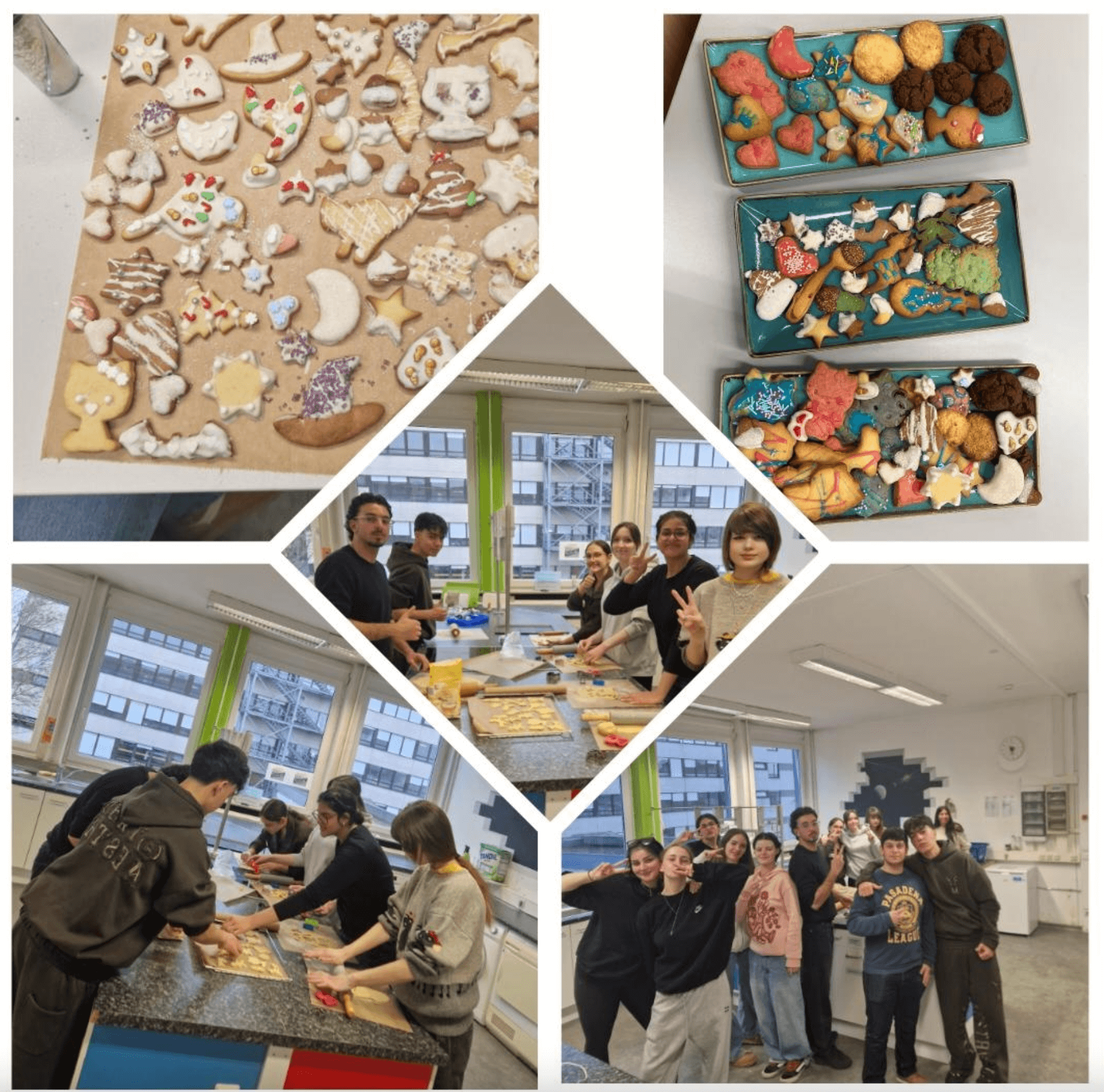 Eine Gruppe von Menschen dekoriert und präsentiert bunte Plätzchen in einer Küche während eines Back-Events.